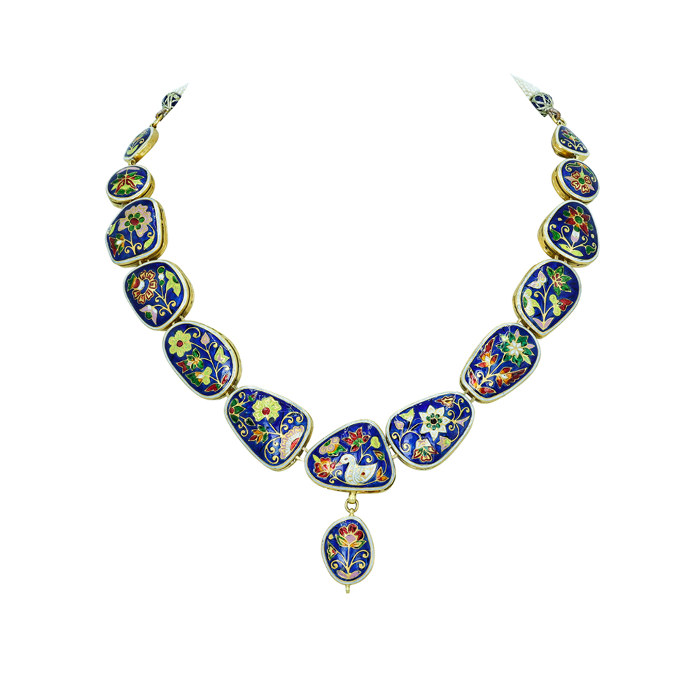Polki Necklace Set with Blue Enamel and Matching Drop Earrings